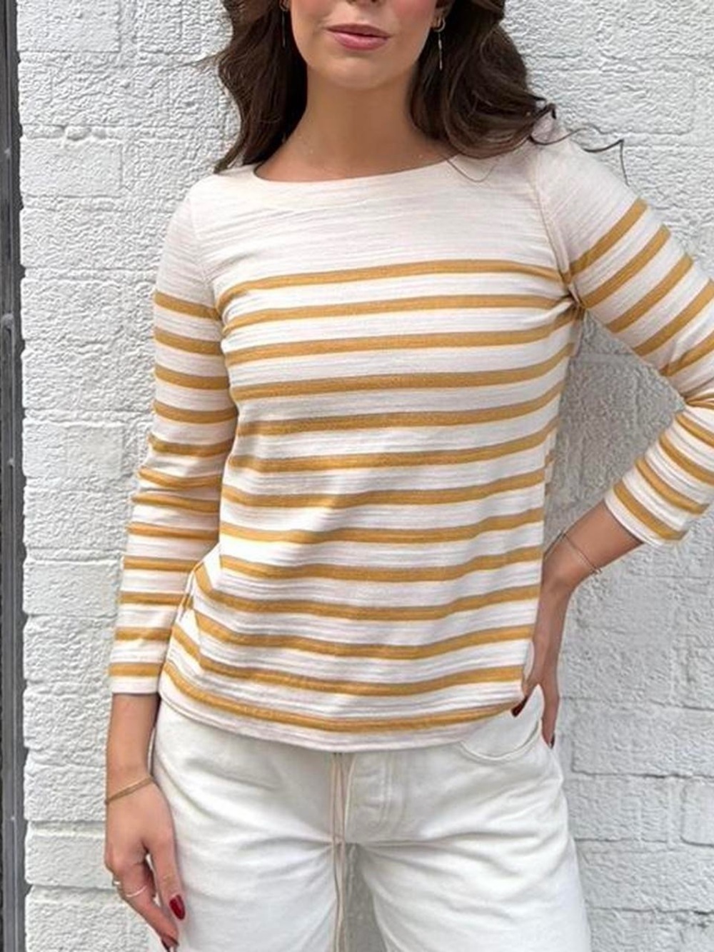 LOFT yellow and white striped long sleeve top Size SP #basics #beach